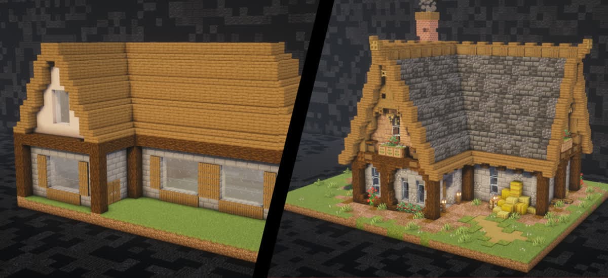 The same Minecraft house before and after coaching. Before: a flat oak roof and plain walls. After: a structured stone roof with a darker slope, a detailed gable with a balcony, and finished ground around the base.