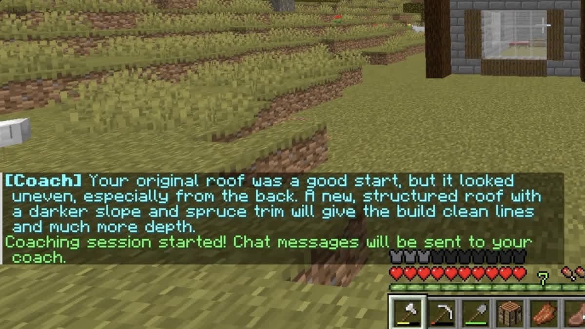 In-game Minecraft chat. The coach says: your original roof was a good start, but it looked uneven, especially from the back. A new, structured roof with a darker slope and spruce trim will give the build clean lines and much more depth.
