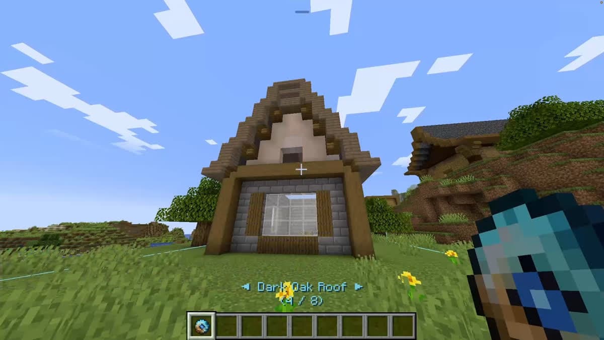 A Minecraft gable seen from below, with a roof plan rendered in place as a preview and a picker at the bottom of the screen reading Dark Oak Roof, 4 of 8.